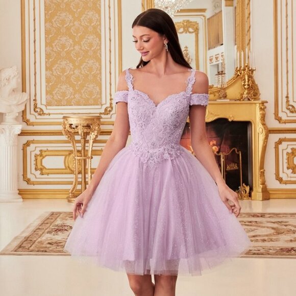 New Formal A-Line Floral Lace Embellished Dress w/ Off Shoulder Straps CD0132 - Picture 1 of 9